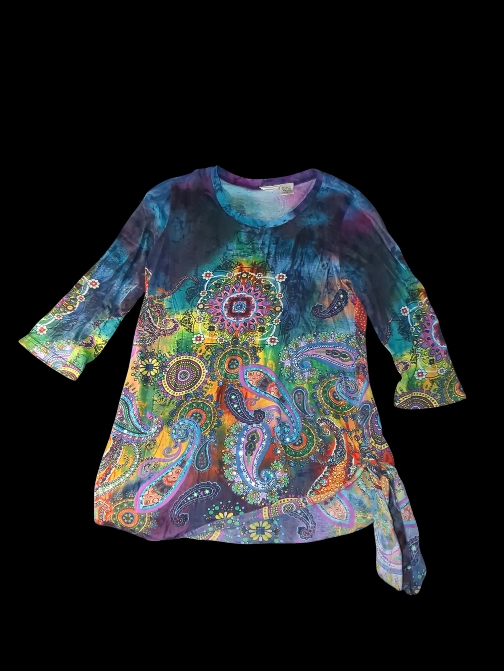 Take Two Tie-Dyed Hippy Bling Top 3/4 Sleeve Size Small